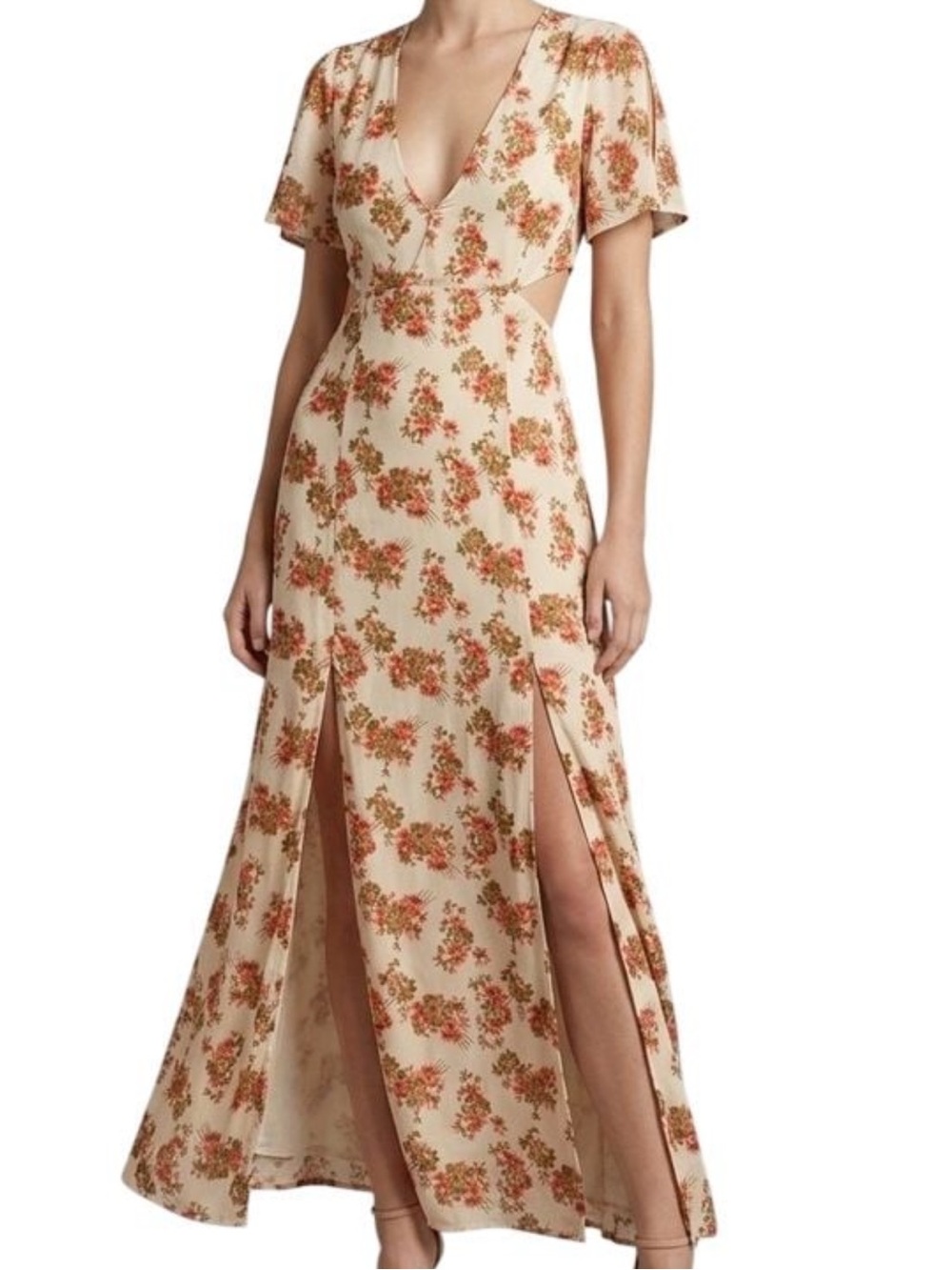 NIGHTWALKER Cream Maxi Dress with Orange & Green Floral Print